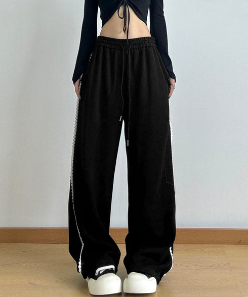 スウェットパンツサイドレースラインパンツ レディース ハイウエスト リラックスパンツ ウエストゴム ワイドパンツ ゆったり イージーパンツ 体型カバー ズボン秋冬 24BDMS-017